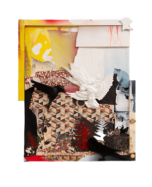 2025/26 - Assemlage, wood pieces, cut cardboard, acrylic and colored pencil on cardboard, framed - 40 x 33 cm