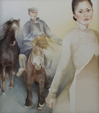(based on "Dshamilija" Tschingis Aitmatow)<br />2010/13 - yarn on organza - 150 x 130 cm